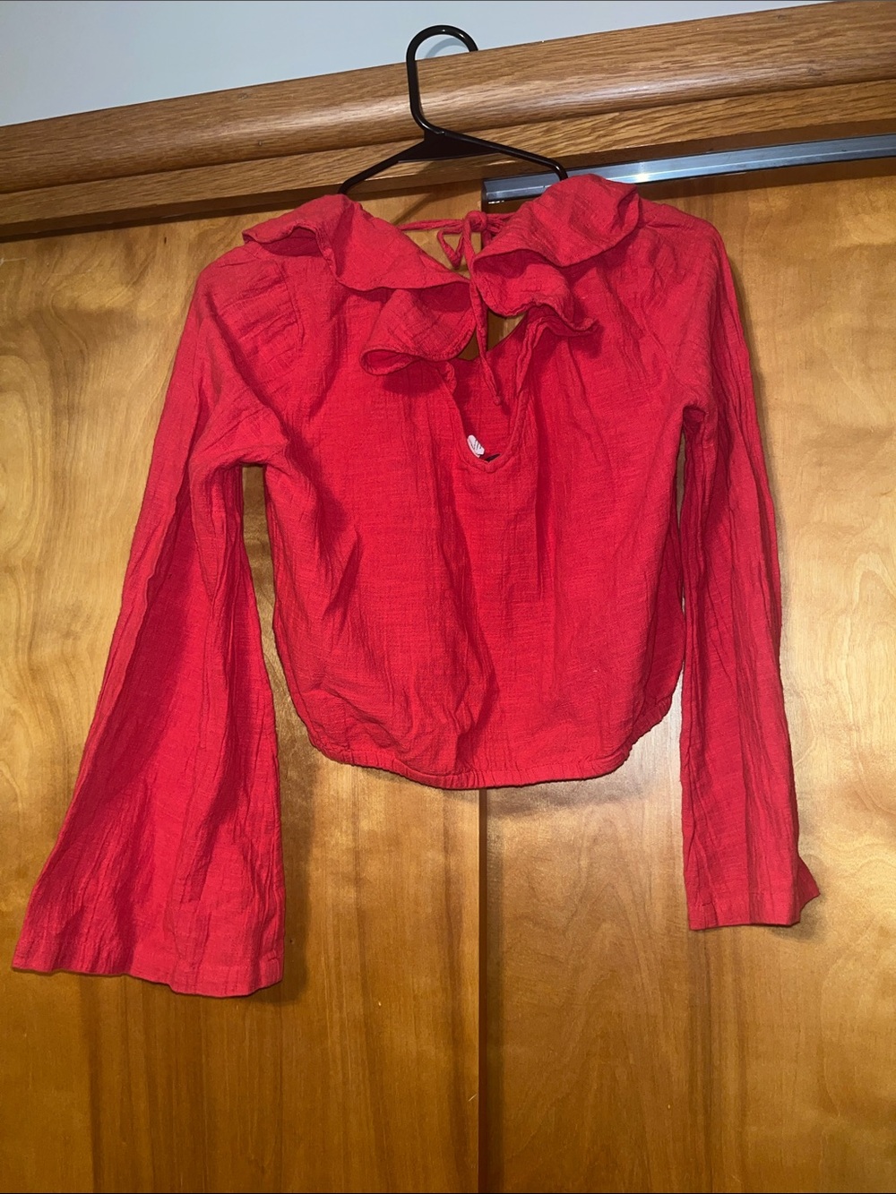 Red Roxy Ruffle-Neck Long-Sleeve Women's Top - Picture 6 of 6